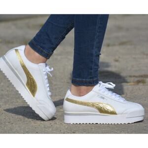 Puma Roma Amor White Gold Athletic Leather Shoes •Women 9/40• Sneakers 371702-01
